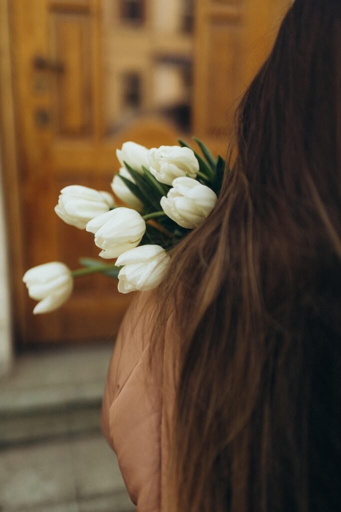 woman, beautiful flowers, flowers, bouquet, flower wallpaper, bloom, nature, blossom, spring, garden, tulips, flower background, aesthetic wallpaper, phone wallpaper